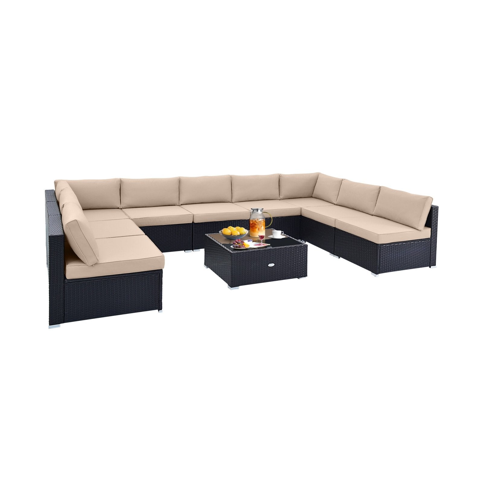 10 Piece Outdoor Wicker Conversation Set with Seat and Back Cushions, Beige Patio Conversation Sets   at Gallery Canada