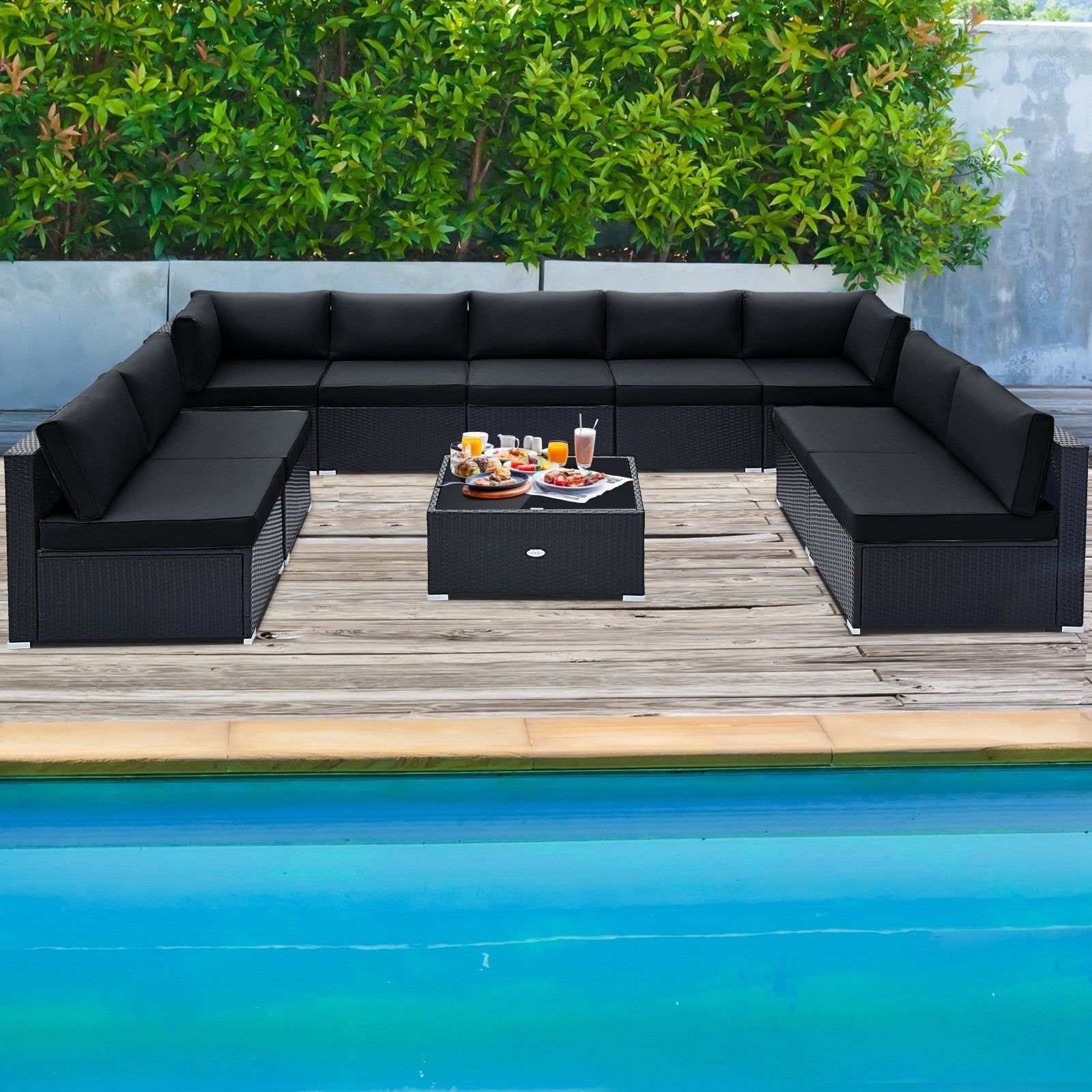 10 Piece Outdoor Wicker Conversation Set with Seat and Back Cushions, Black Patio Conversation Sets   at Gallery Canada