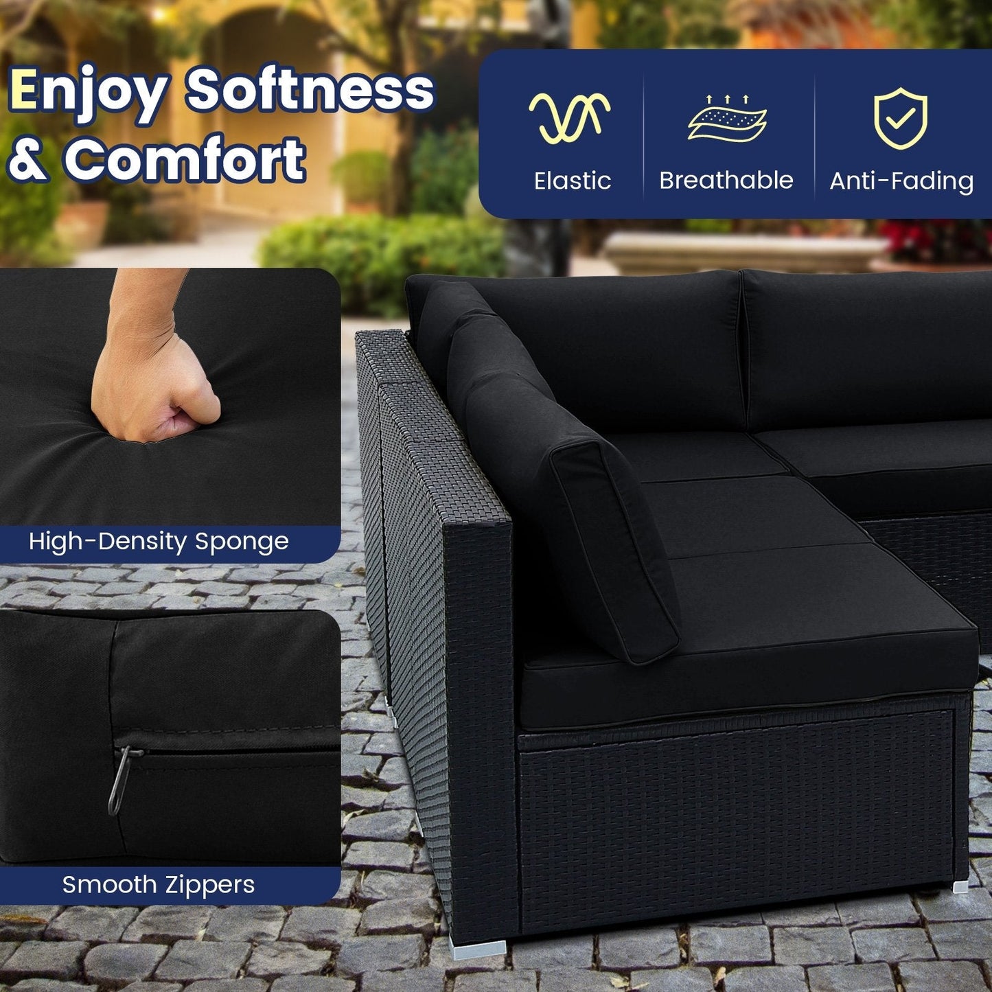 10 Piece Outdoor Wicker Conversation Set with Seat and Back Cushions, Black Patio Conversation Sets   at Gallery Canada