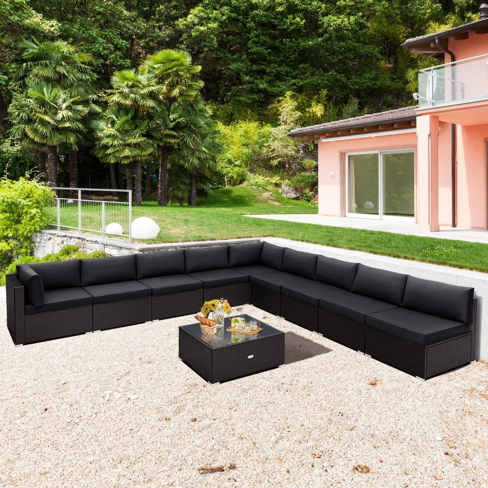 10 Piece Outdoor Wicker Conversation Set with Seat and Back Cushions, Black Patio Conversation Sets   at Gallery Canada