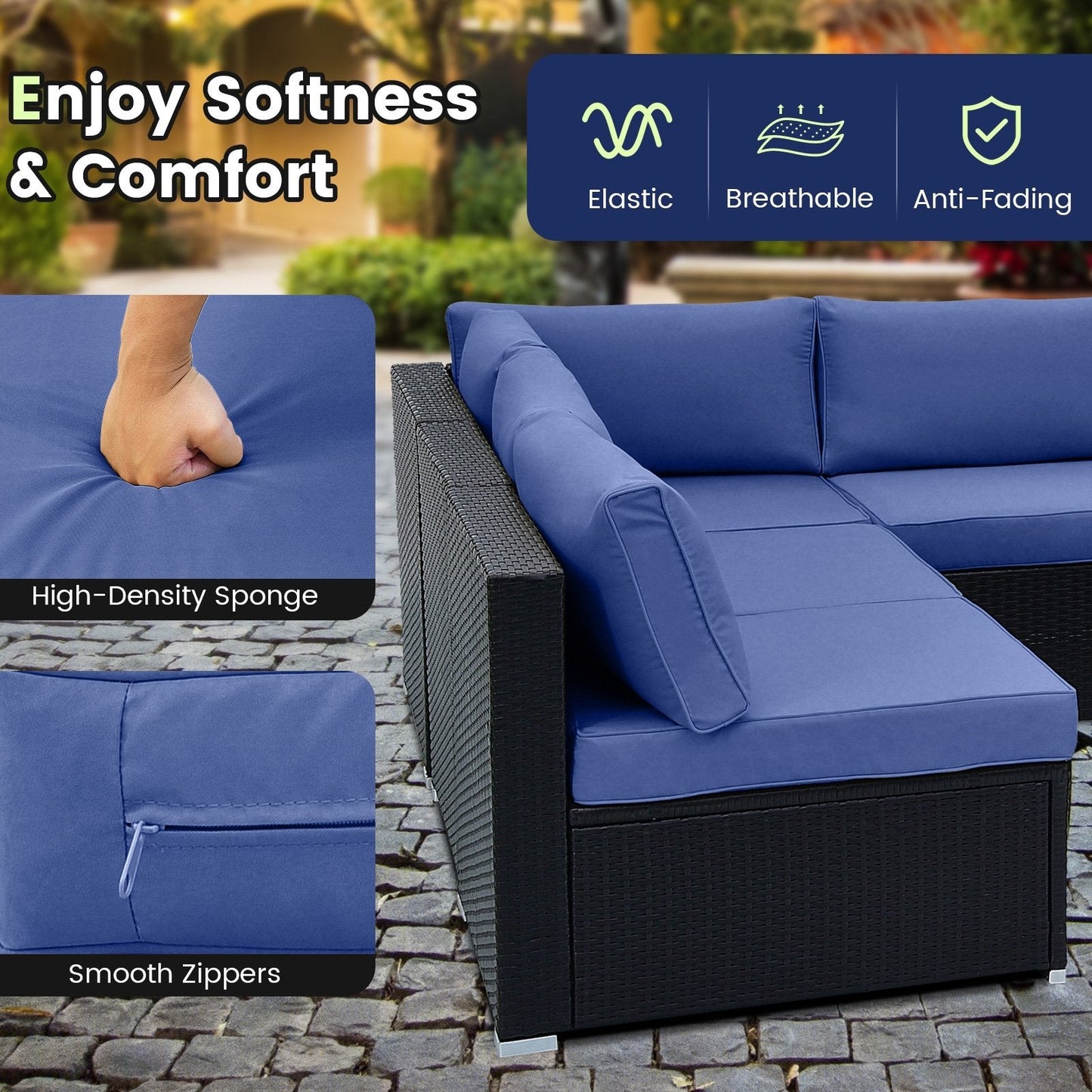 10 Piece Outdoor Wicker Conversation Set with Seat and Back Cushions, Navy Patio Conversation Sets   at Gallery Canada