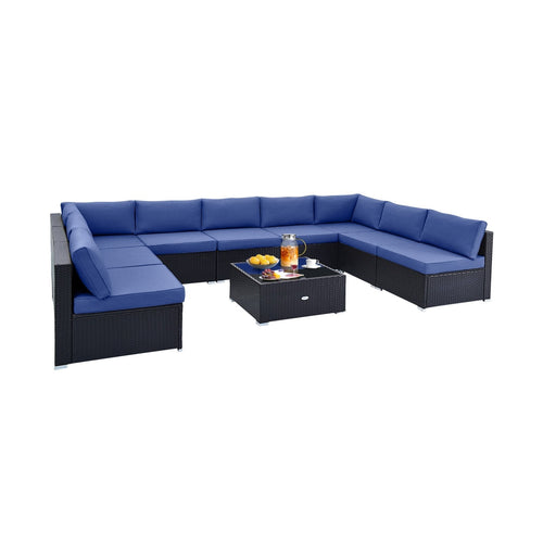 10 Piece Outdoor Wicker Conversation Set with Seat and Back Cushions, Navy