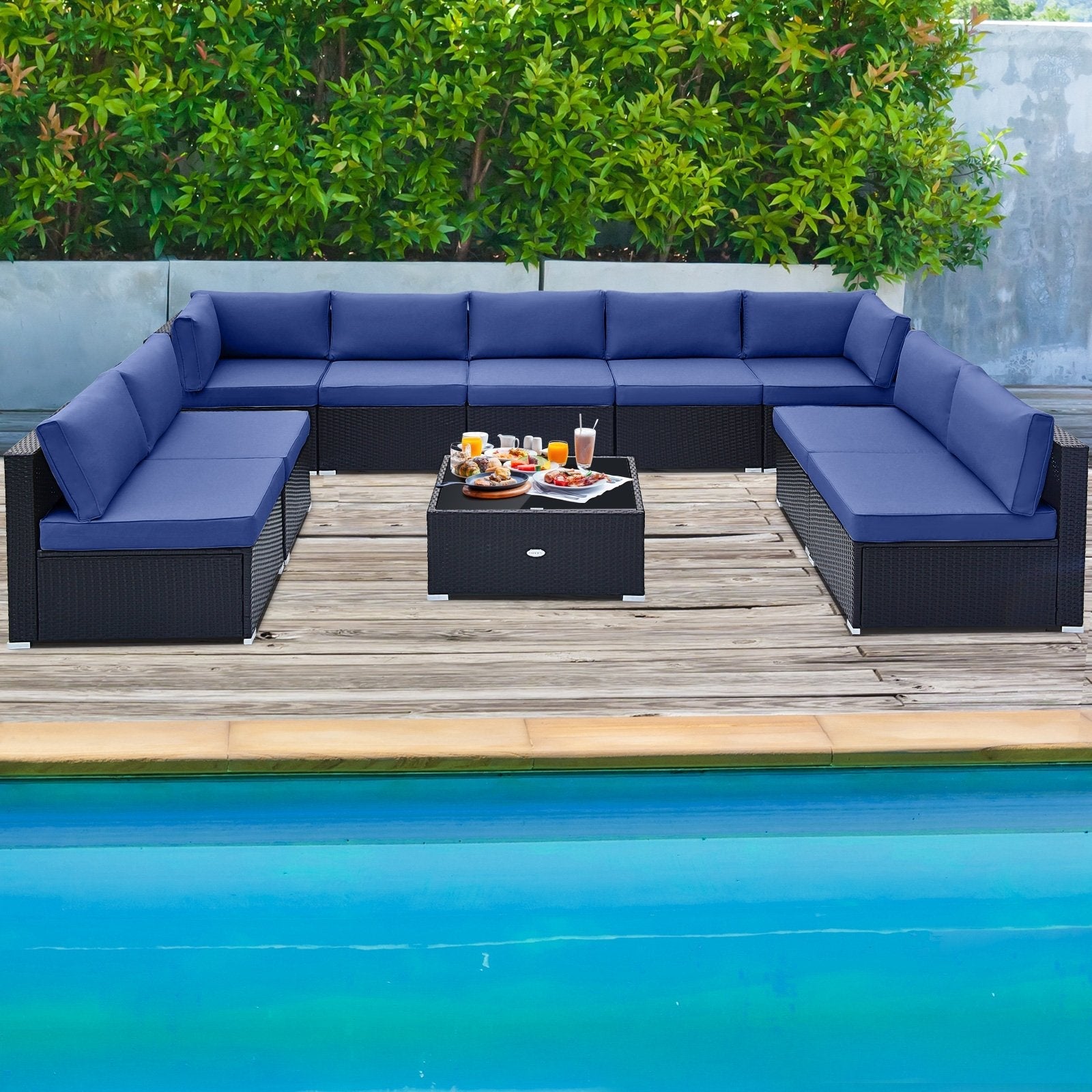 10 Piece Outdoor Wicker Conversation Set with Seat and Back Cushions, Navy Patio Conversation Sets   at Gallery Canada