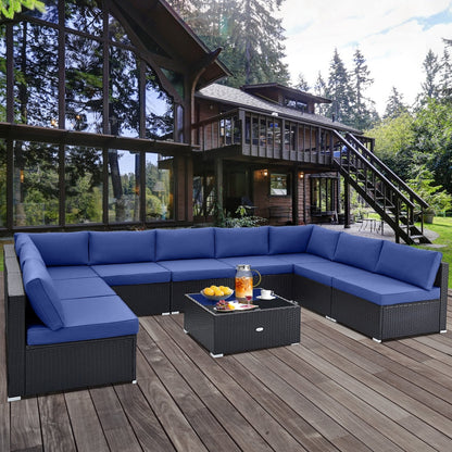 10 Piece Outdoor Wicker Conversation Set with Seat and Back Cushions, Navy Patio Conversation Sets   at Gallery Canada