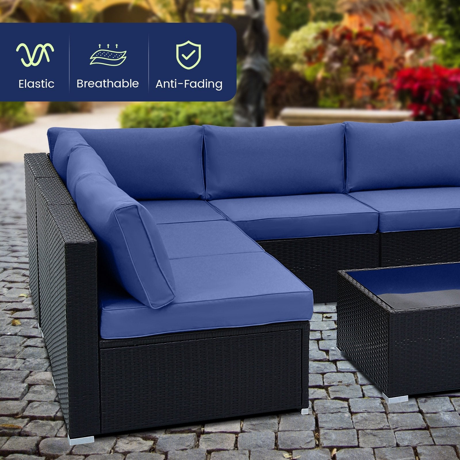 10 Piece Outdoor Wicker Conversation Set with Seat and Back Cushions, Navy Patio Conversation Sets   at Gallery Canada