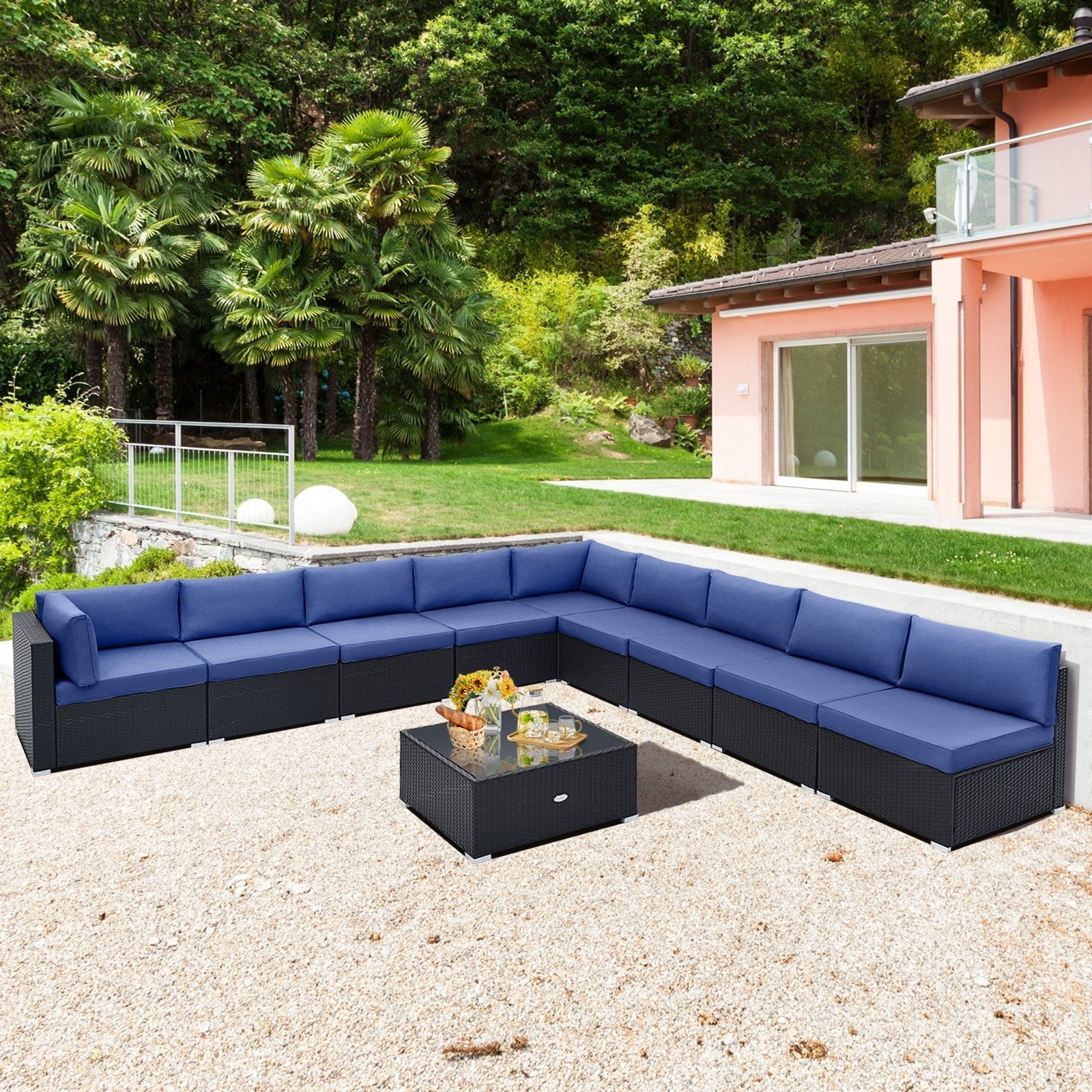 10 Piece Outdoor Wicker Conversation Set with Seat and Back Cushions, Navy Patio Conversation Sets   at Gallery Canada