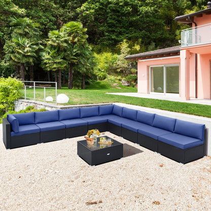 10 Piece Outdoor Wicker Conversation Set with Seat and Back Cushions, Navy Patio Conversation Sets   at Gallery Canada