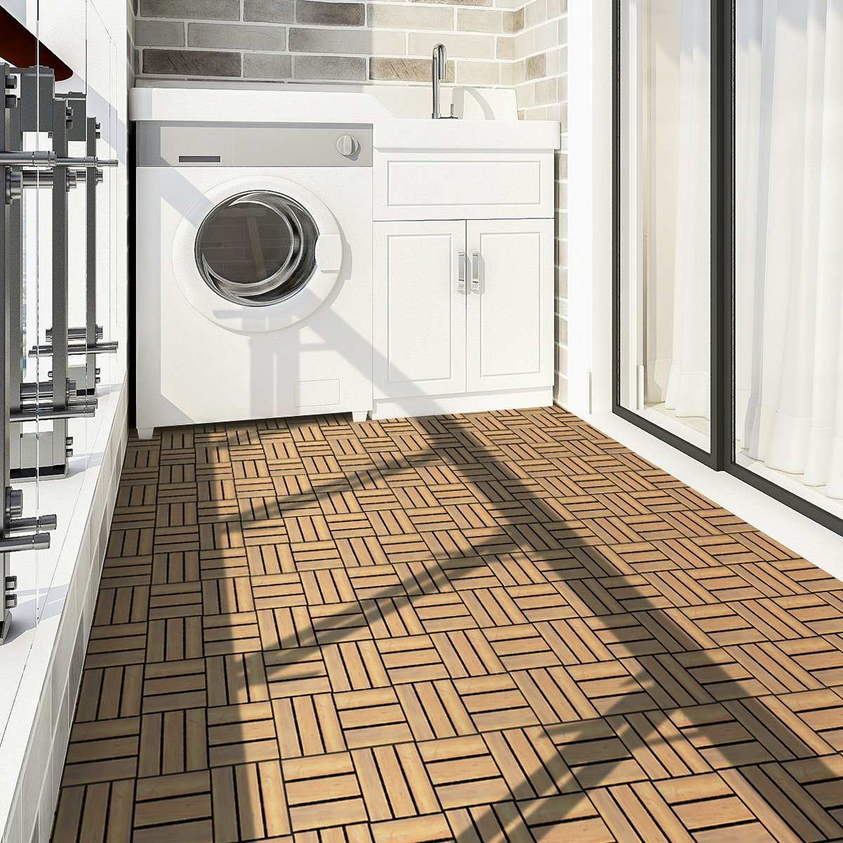 10 Pieces 12 x 12  Inch Acacia Wood  Interlocking Check Deck Tiles, Brown Decorative Fencing & Flooring   at Gallery Canada