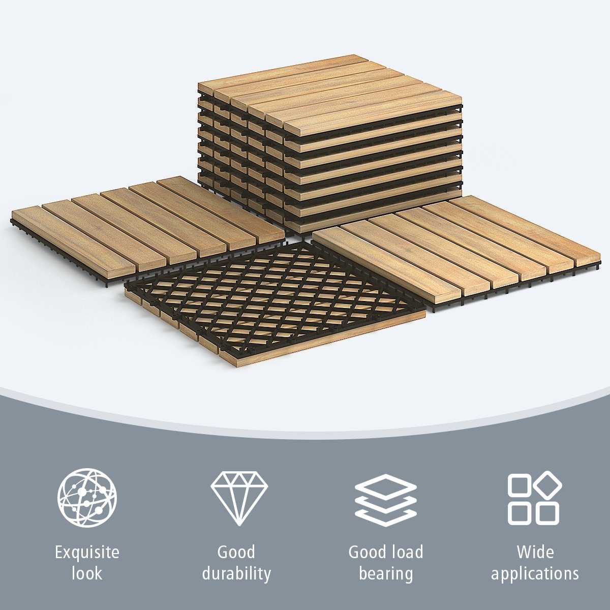 10 Pieces 12 x 12 Inch Acacia Wood Interlocking Tile Flooring, Brown Decorative Fencing & Flooring   at Gallery Canada