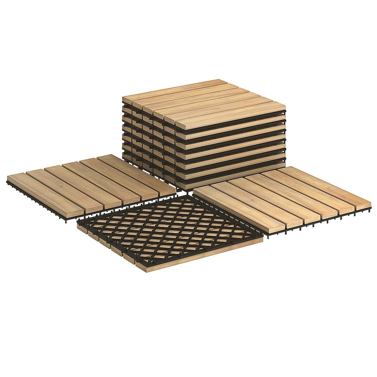 10 Pieces 12 x 12 Inch Acacia Wood Interlocking Tile Flooring, Brown Decorative Fencing & Flooring   at Gallery Canada