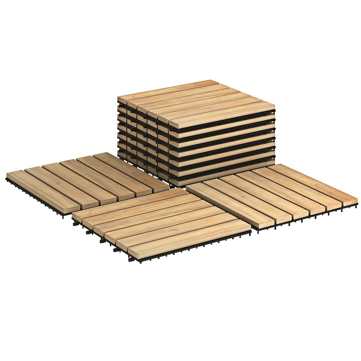 10 Pieces 12 x 12 Inch Acacia Wood Interlocking Tile Flooring, Brown Decorative Fencing & Flooring   at Gallery Canada