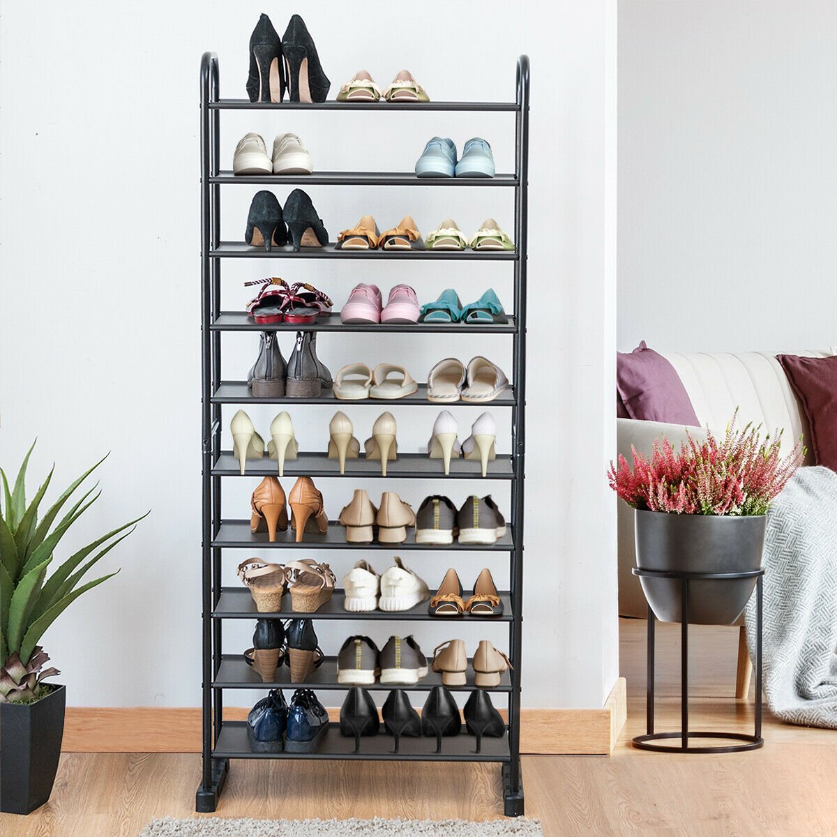 10-Tier Free-Standing Metal Frame Shoe Rack, Black Shoe Racks & Storage Benches   at Gallery Canada