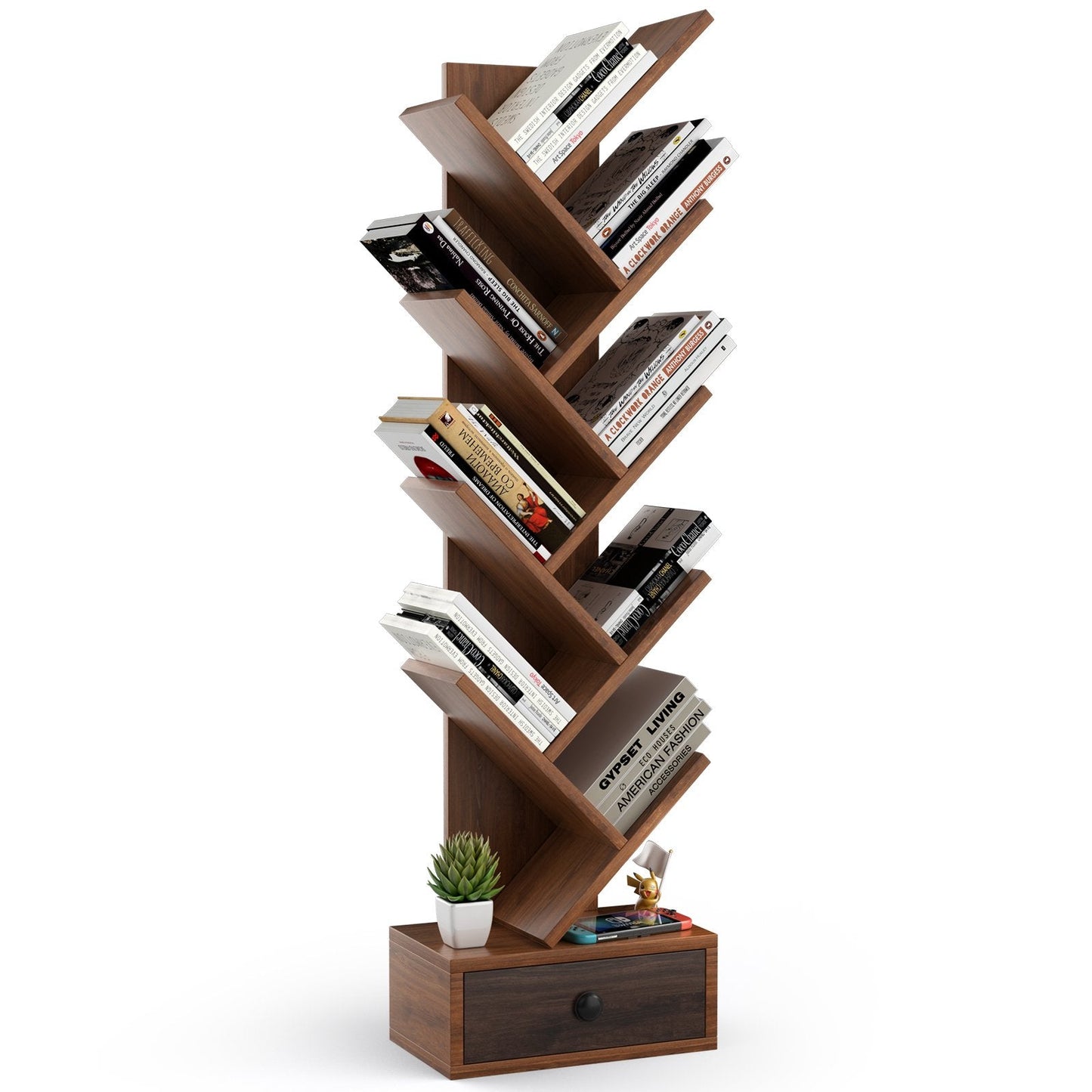 10-Tier Tree Bookshelf with Drawer and Anti-Tipping Kit, Brown Bookcases   at Gallery Canada