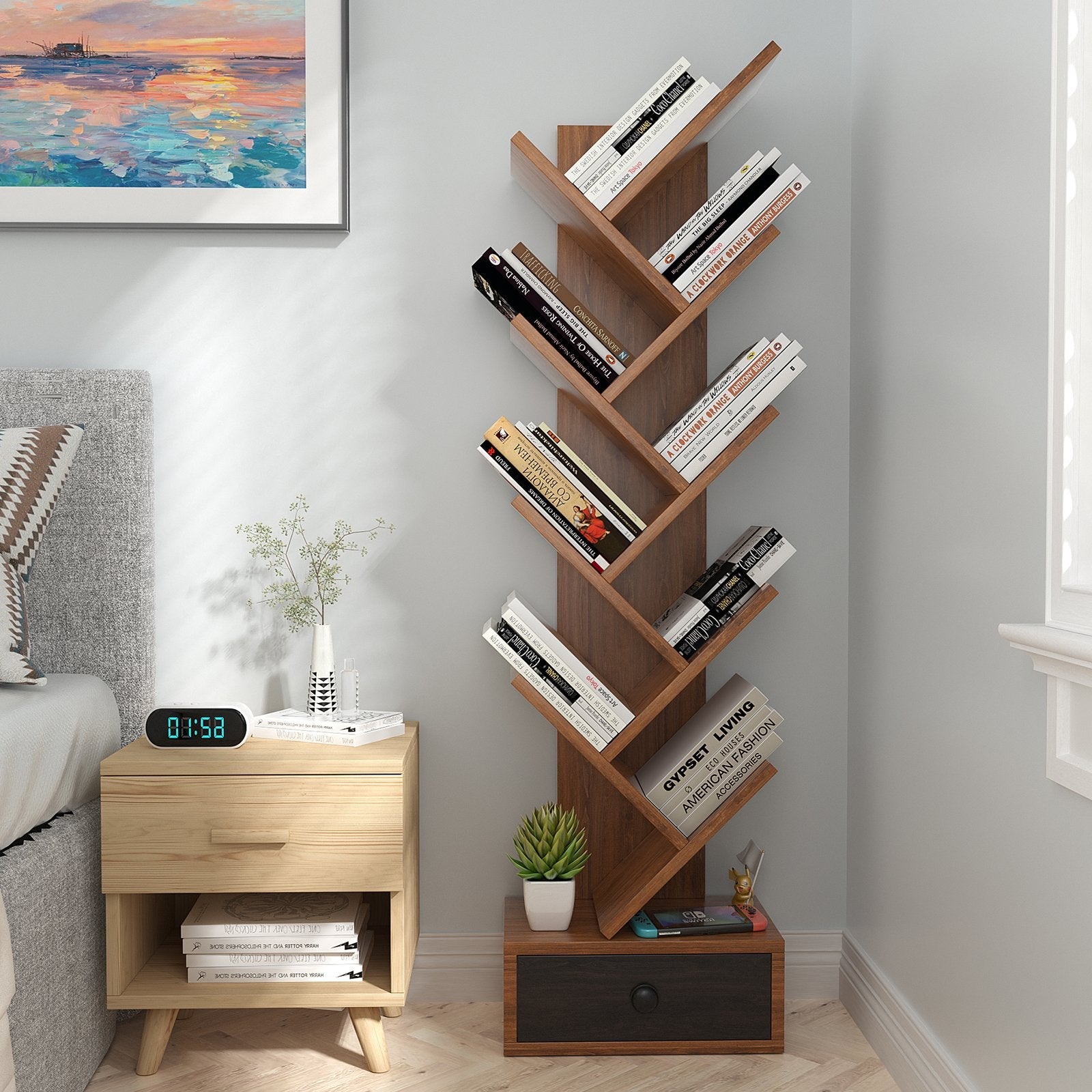 10-Tier Tree Bookshelf with Drawer and Anti-Tipping Kit, Brown Bookcases   at Gallery Canada