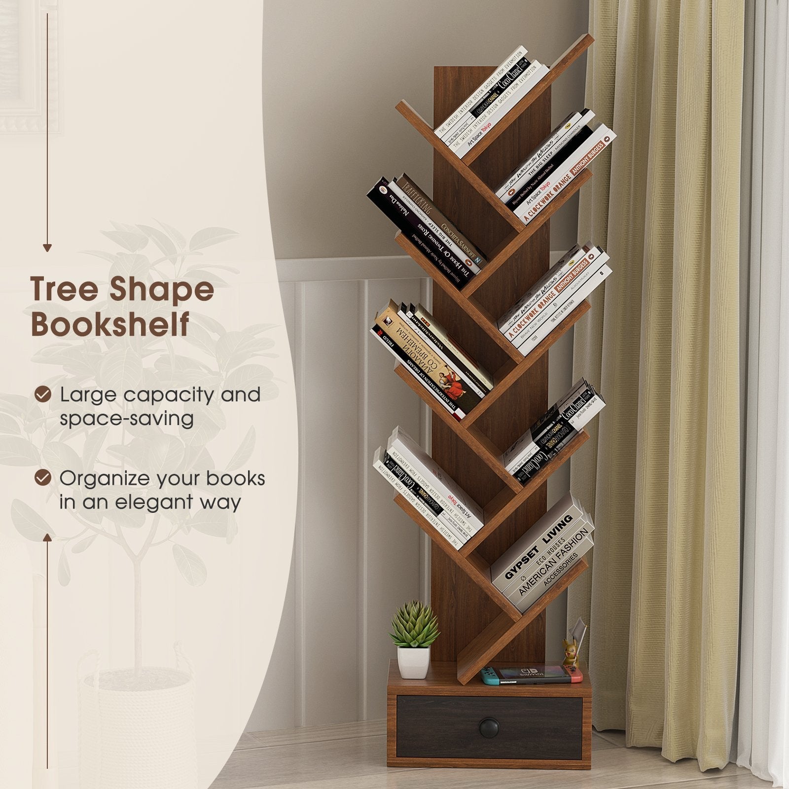 10-Tier Tree Bookshelf with Drawer and Anti-Tipping Kit, Brown Bookcases   at Gallery Canada