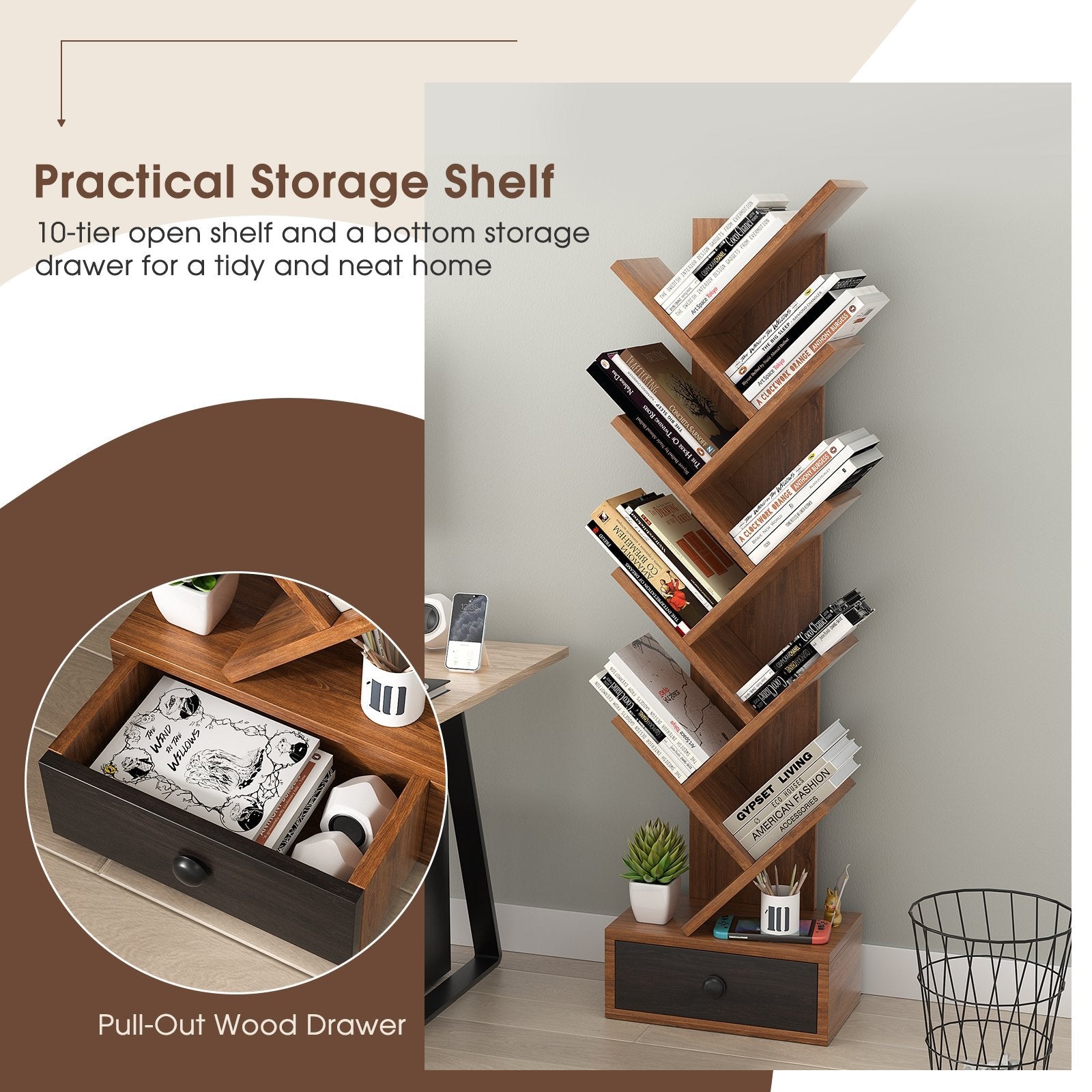 10-Tier Tree Bookshelf with Drawer and Anti-Tipping Kit, Brown Bookcases   at Gallery Canada