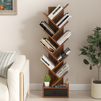 10-Tier Tree Bookshelf with Drawer and Anti-Tipping Kit, Brown Bookcases   at Gallery Canada