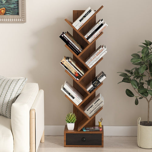 10-Tier Tree Bookshelf with Drawer and Anti-Tipping Kit, Brown