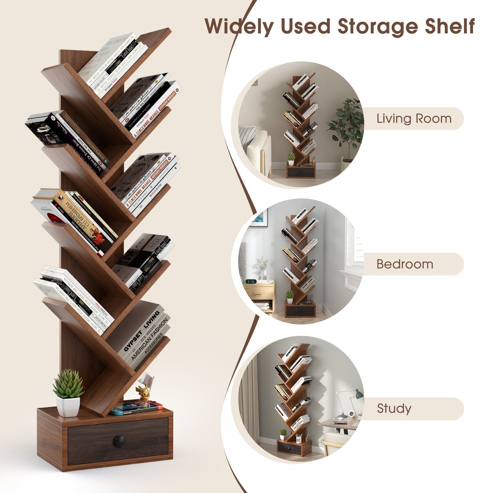 10-Tier Tree Bookshelf with Drawer and Anti-Tipping Kit, Brown Bookcases   at Gallery Canada