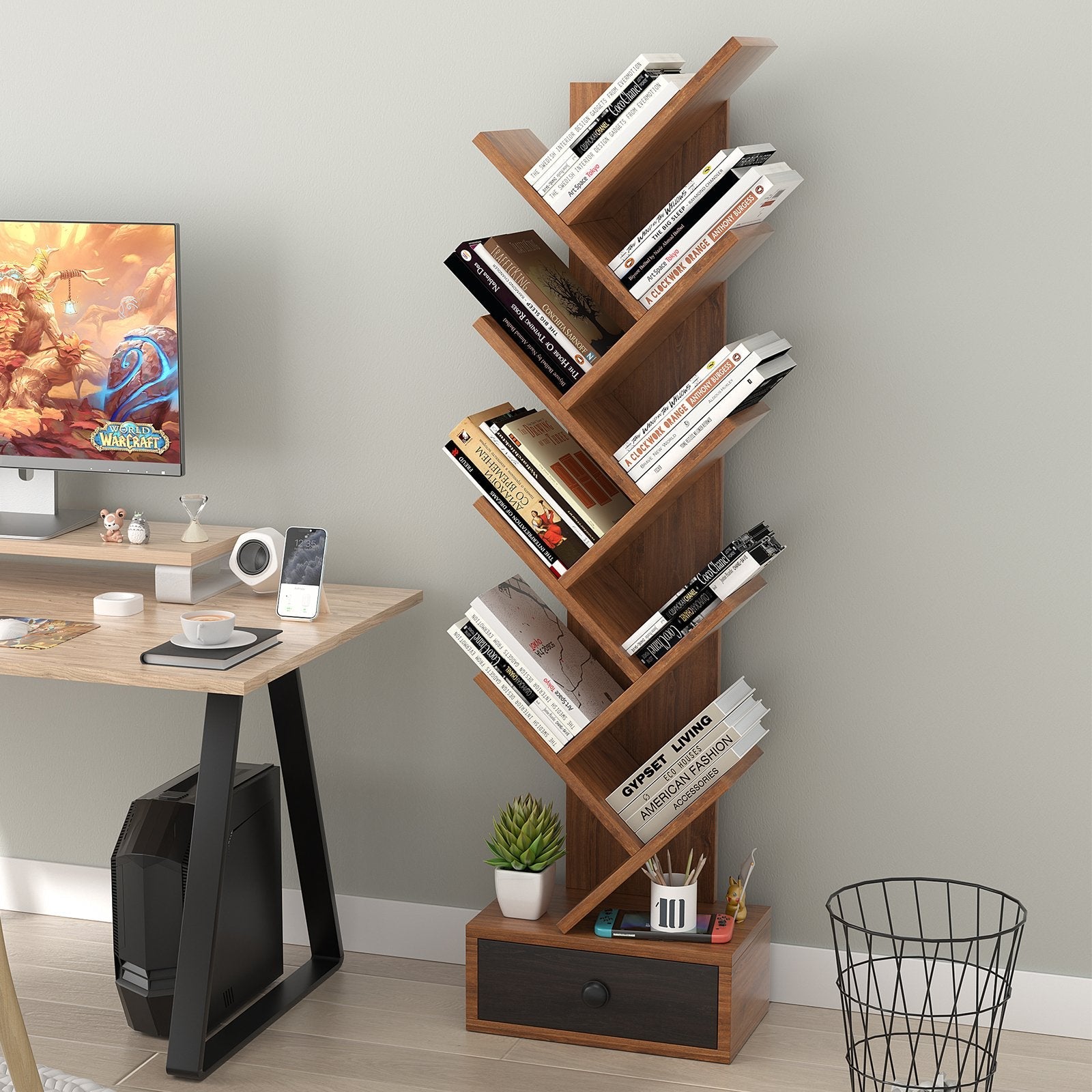 10-Tier Tree Bookshelf with Drawer and Anti-Tipping Kit, Brown Bookcases   at Gallery Canada