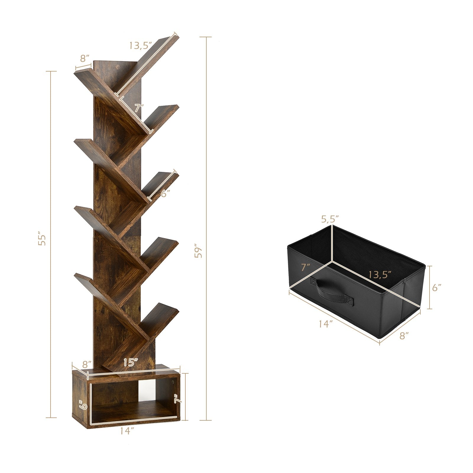 10-tier Tree Bookshelf with Drawer Free-standing Storage Bookcase, Rustic Brown Bookcases   at Gallery Canada