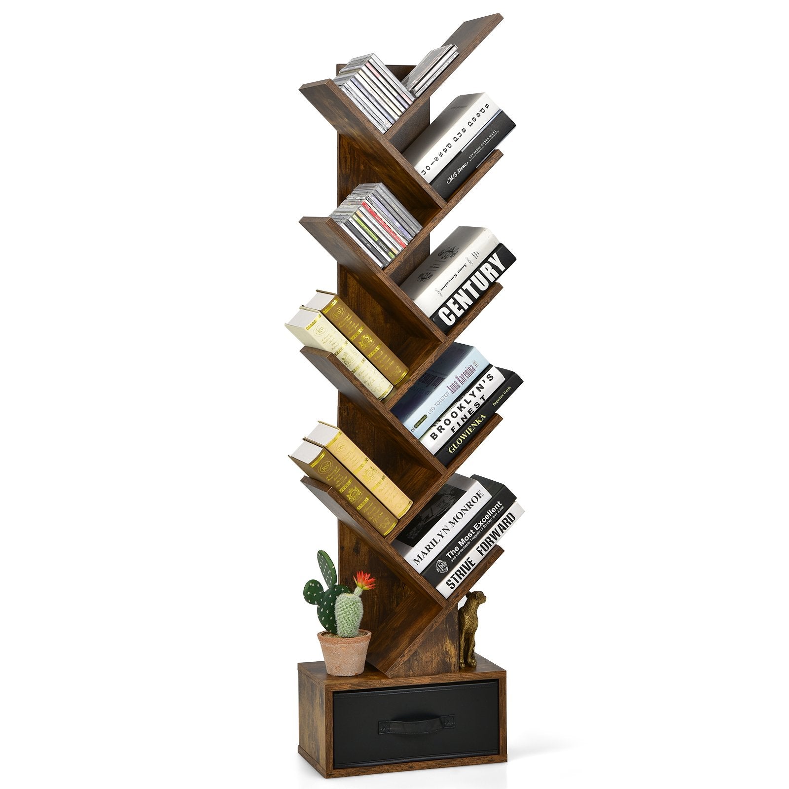 10-tier Tree Bookshelf with Drawer Free-standing Storage Bookcase, Rustic Brown Bookcases   at Gallery Canada