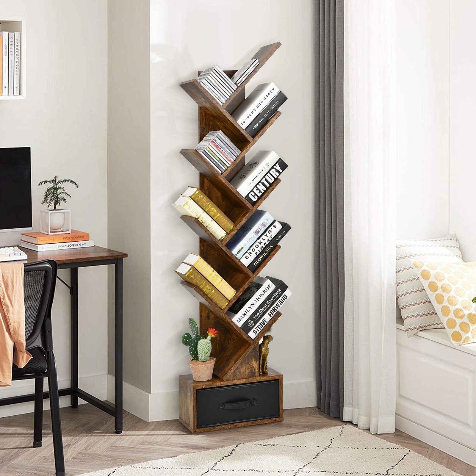 10-tier Tree Bookshelf with Drawer Free-standing Storage Bookcase, Rustic Brown Bookcases   at Gallery Canada