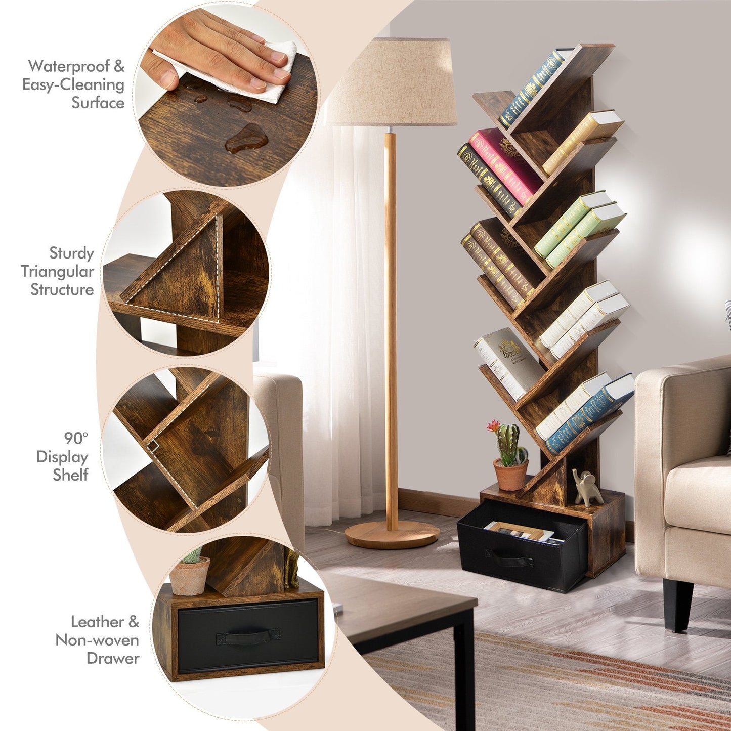 10-tier Tree Bookshelf with Drawer Free-standing Storage Bookcase, Rustic Brown Bookcases   at Gallery Canada