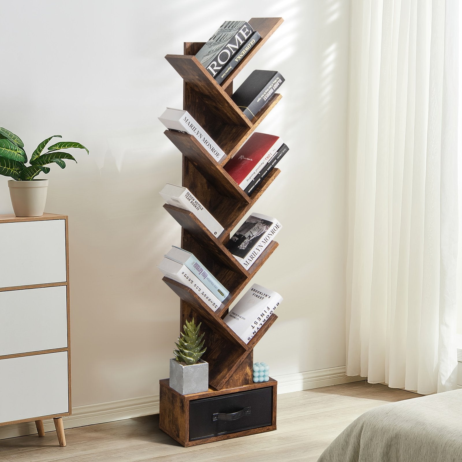 10-tier Tree Bookshelf with Drawer Free-standing Storage Bookcase, Rustic Brown Bookcases   at Gallery Canada