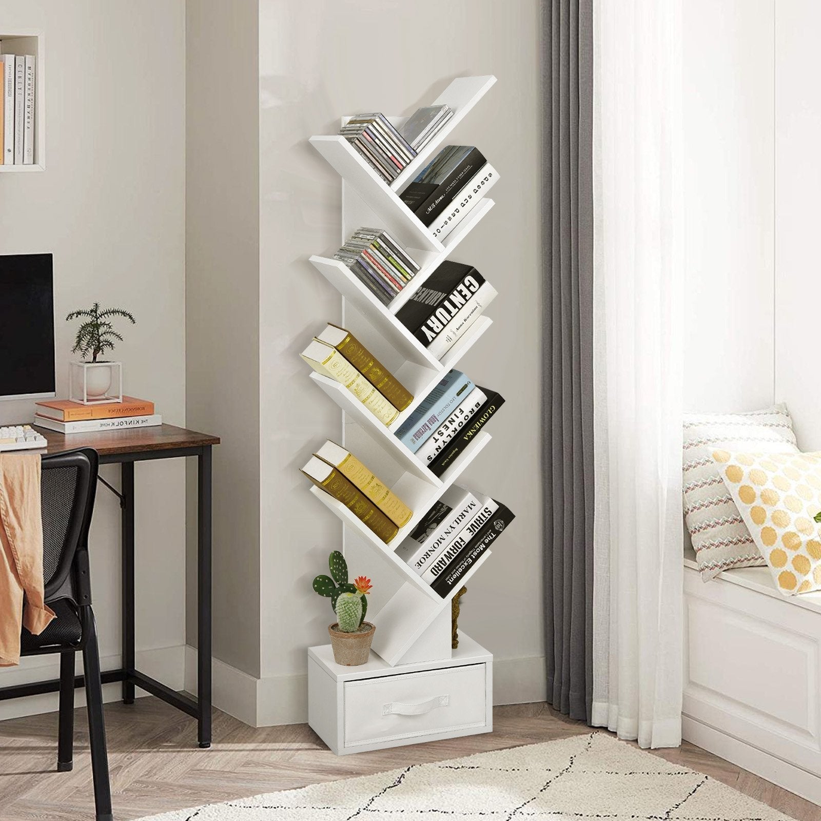 10-tier Tree Bookshelf with Drawer Free-standing Storage Bookcase, White Bookcases   at Gallery Canada