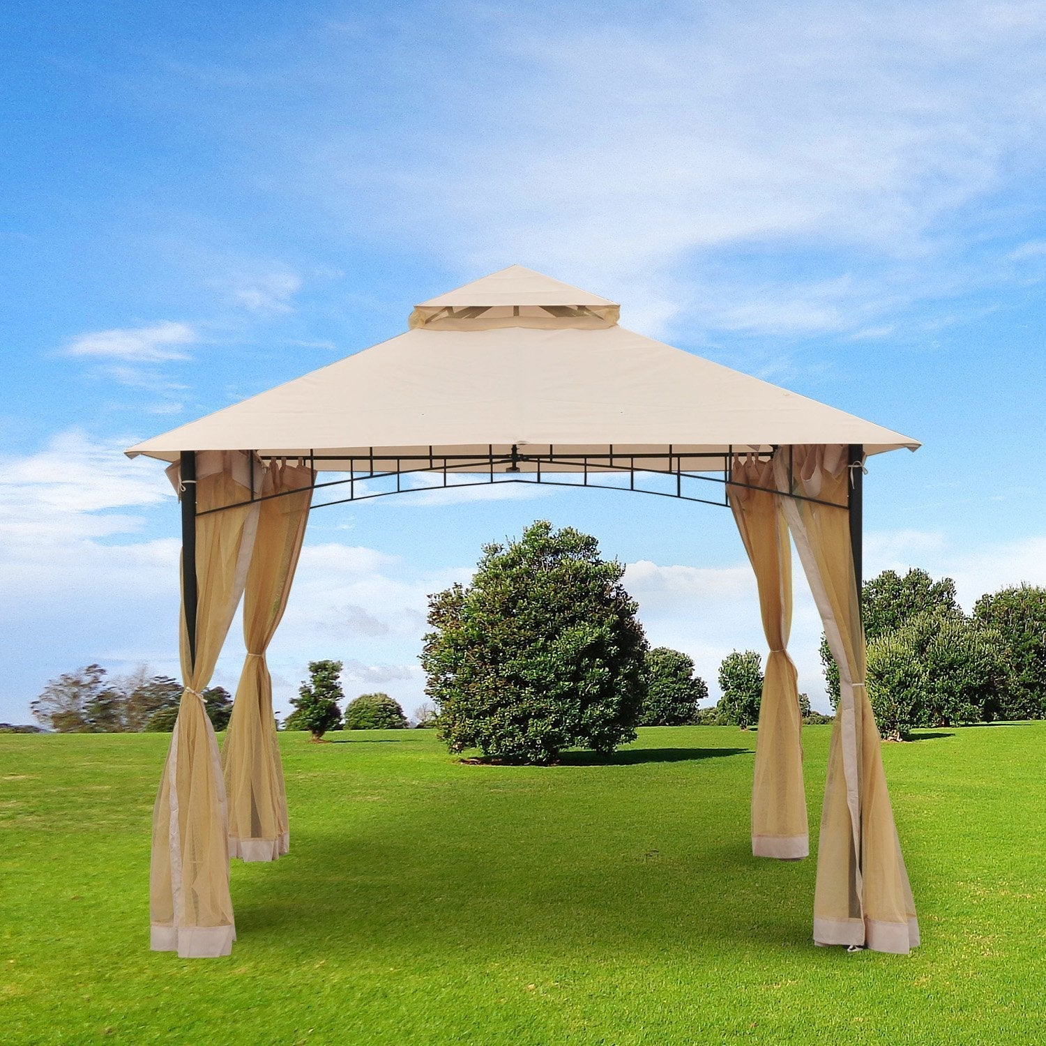 10' x 10' Double Tier Garden Gazebo Canopy Outdoor Sunshade Tent Water-Resistant Anti-UV Roof with Metal Frame and Mesh Sidewalls, Beige Gazebos   at Gallery Canada