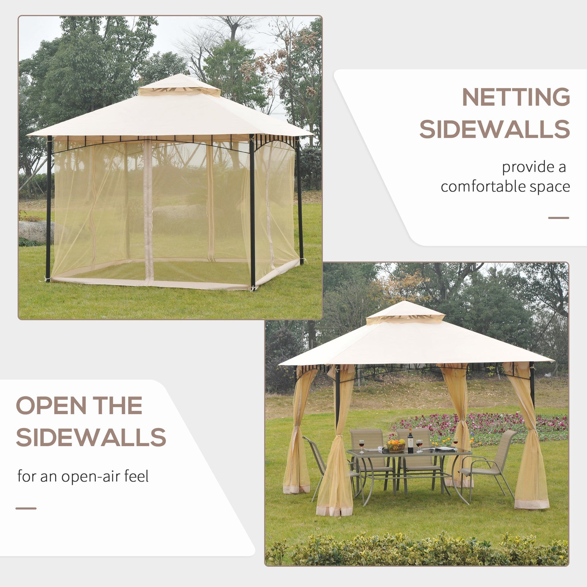 10' x 10' Double Tier Garden Gazebo Canopy Outdoor Sunshade Tent Water-Resistant Anti-UV Roof with Metal Frame and Mesh Sidewalls, Beige Gazebos   at Gallery Canada