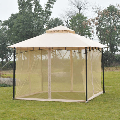 10' x 10' Double Tier Garden Gazebo Canopy Outdoor Sunshade Tent Water-Resistant Anti-UV Roof with Metal Frame and Mesh Sidewalls, Beige Gazebos   at Gallery Canada