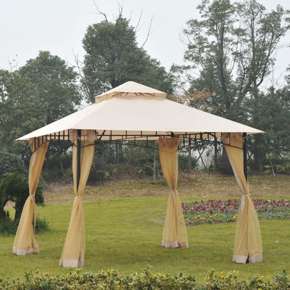 10' x 10' Double Tier Garden Gazebo Canopy Outdoor Sunshade Tent Water-Resistant Anti-UV Roof with Metal Frame and Mesh Sidewalls, Beige Gazebos   at Gallery Canada