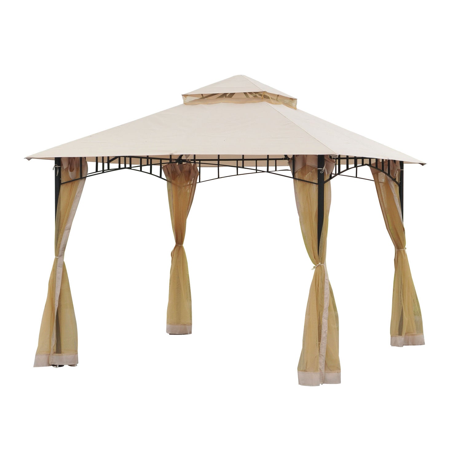 10' x 10' Double Tier Garden Gazebo Canopy Outdoor Sunshade Tent Water-Resistant Anti-UV Roof with Metal Frame and Mesh Sidewalls, Beige Gazebos Beige and Black  at Gallery Canada