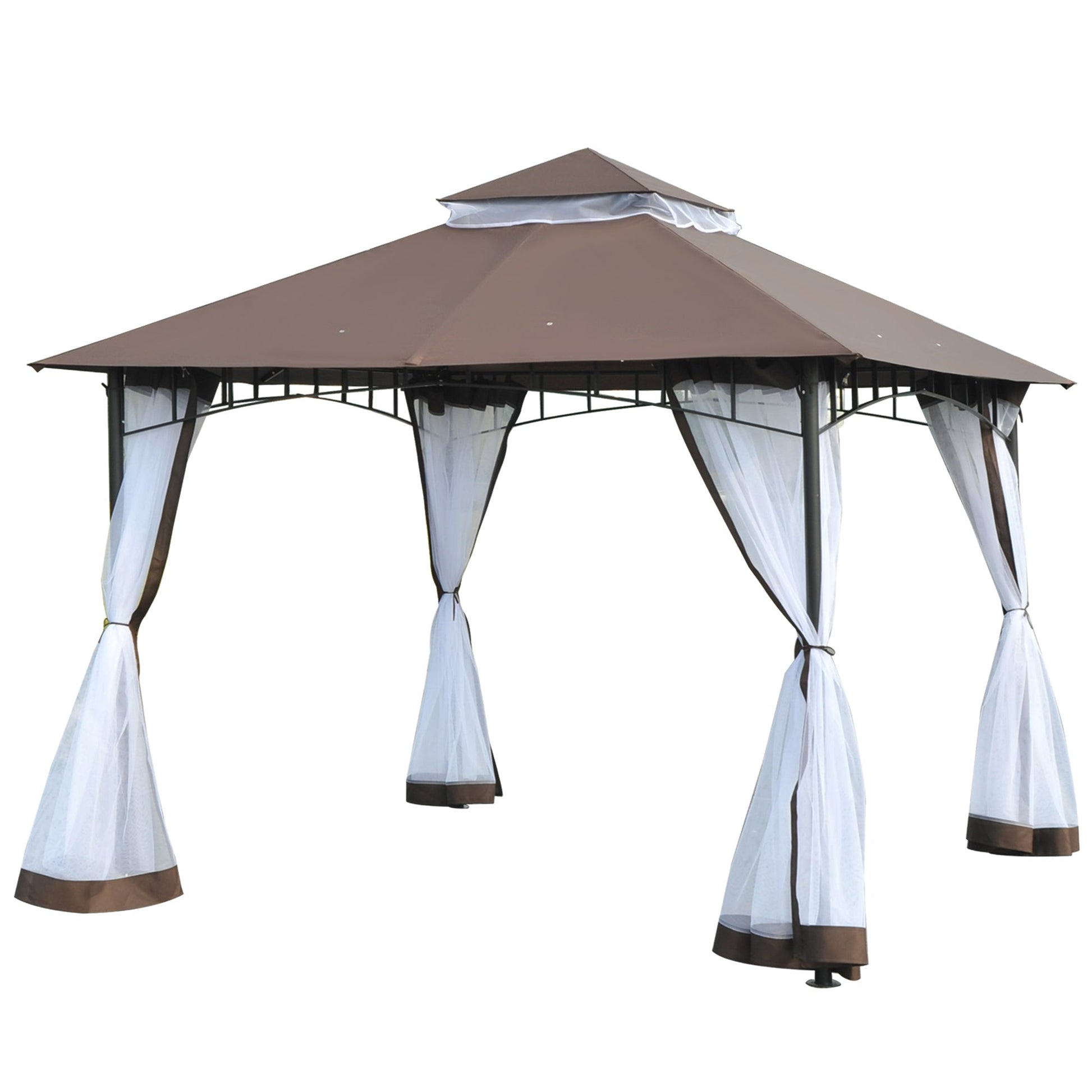 10' x 10' Double Tier Garden Gazebo Canopy Outdoor Sunshade Tent Water-Resistant Anti-UV Roof with Metal Frame and Mesh Sidewalls, Coffee Gazebos Coffee and Black  at Gallery Canada