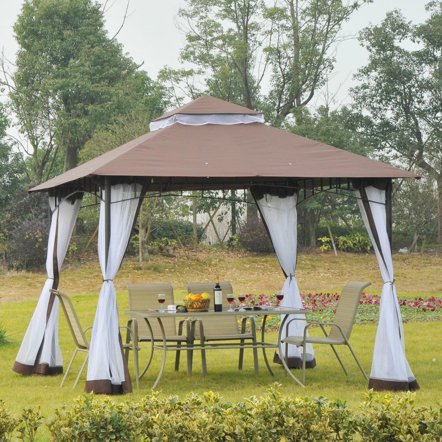 10' x 10' Double Tier Garden Gazebo Canopy Outdoor Sunshade Tent Water-Resistant Anti-UV Roof with Metal Frame and Mesh Sidewalls, Coffee Gazebos   at Gallery Canada