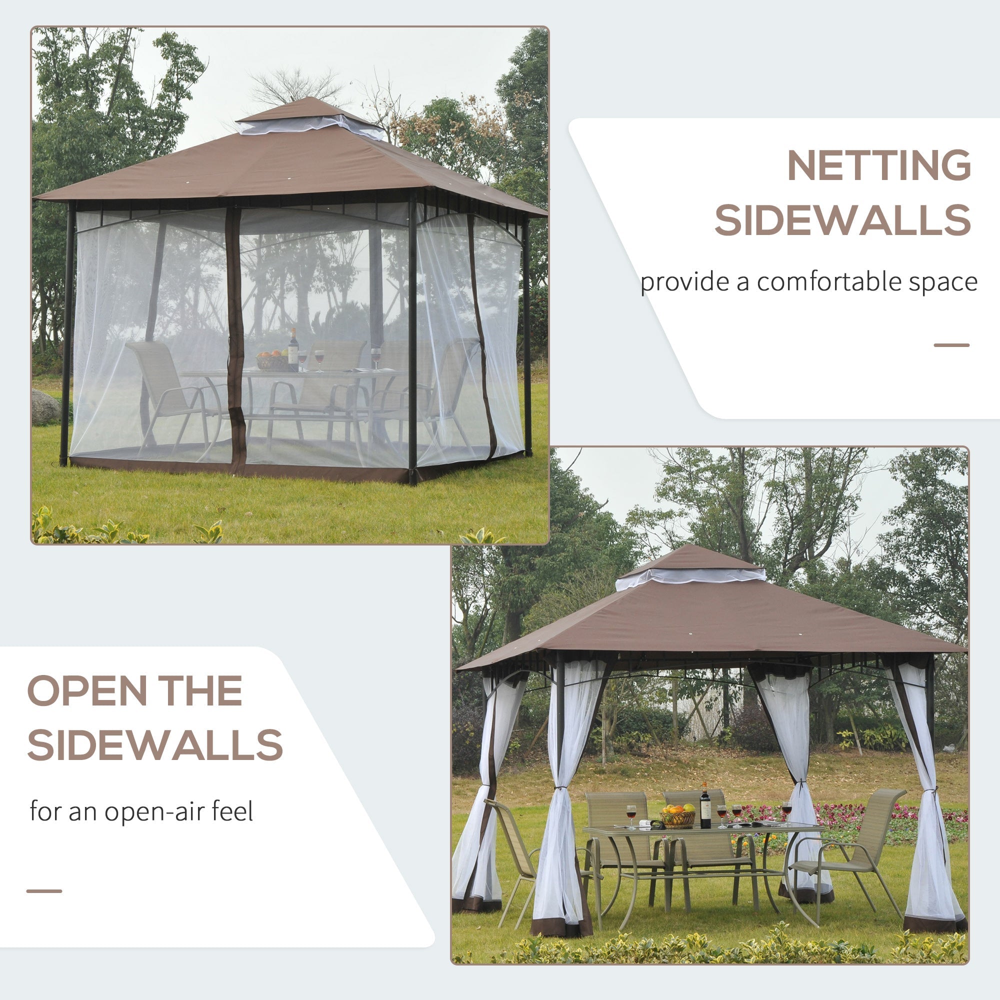 10' x 10' Double Tier Garden Gazebo Canopy Outdoor Sunshade Tent Water-Resistant Anti-UV Roof with Metal Frame and Mesh Sidewalls, Coffee Gazebos   at Gallery Canada