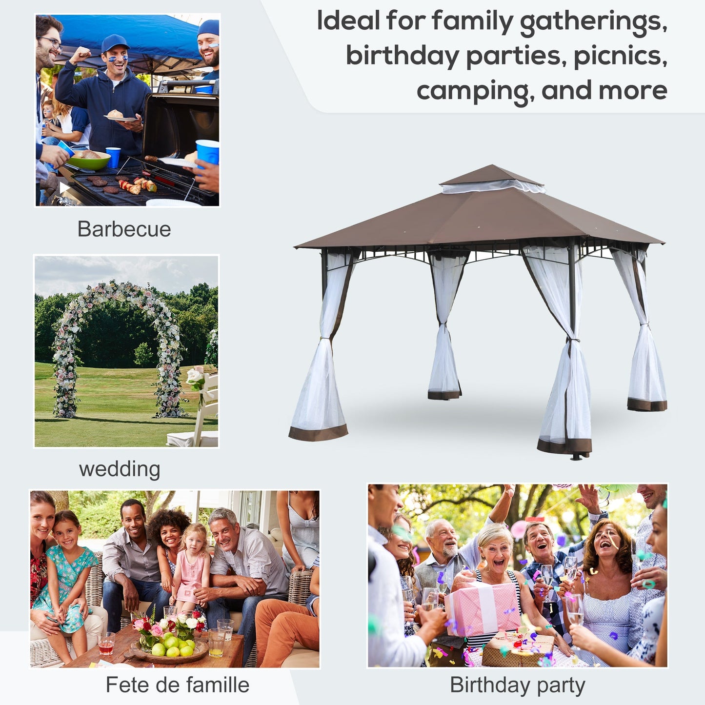 10' x 10' Double Tier Garden Gazebo Canopy Outdoor Sunshade Tent Water-Resistant Anti-UV Roof with Metal Frame and Mesh Sidewalls, Coffee Gazebos   at Gallery Canada