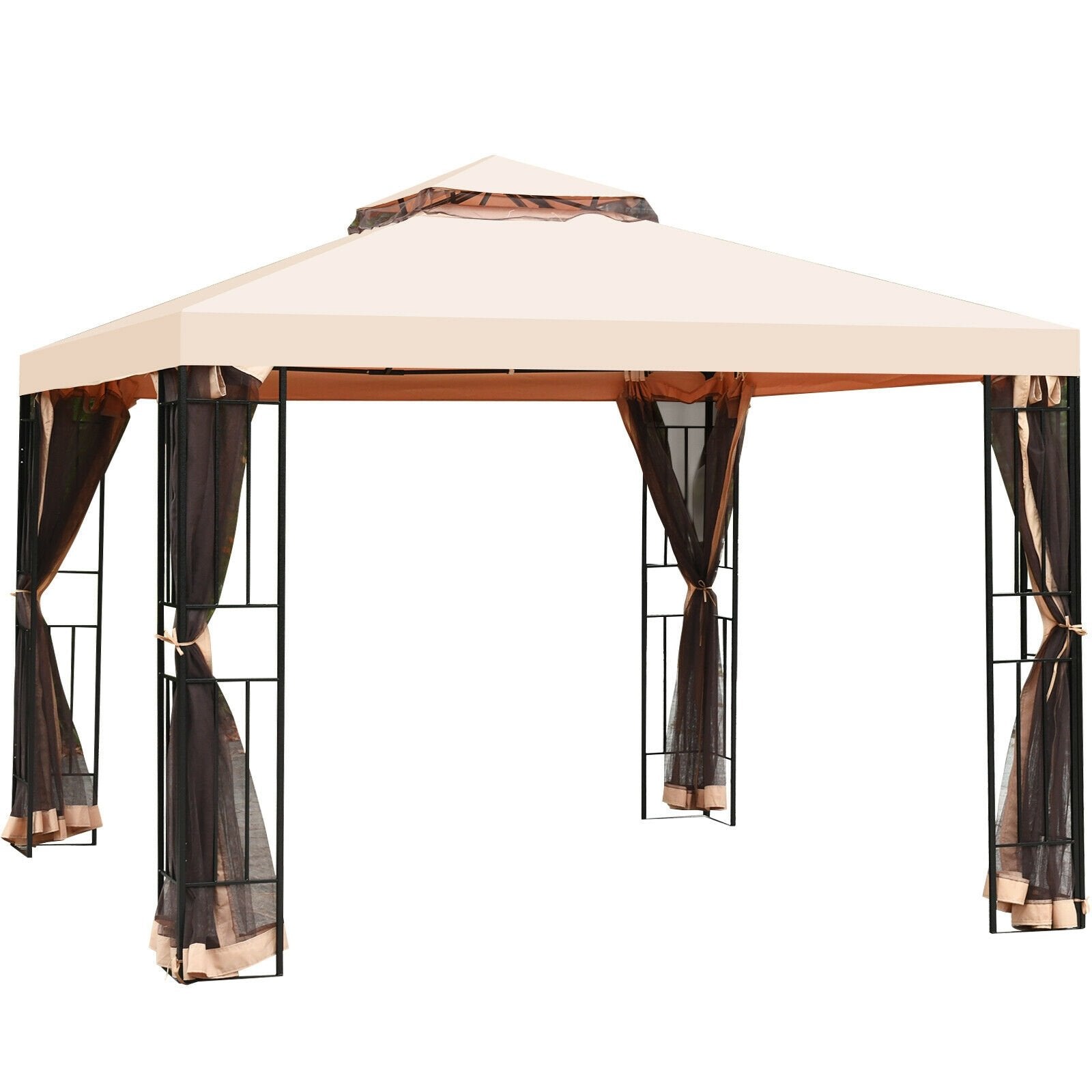 10 x 10 Feet 2-Tier Vented Metal Canopy with Mosquito Netting, Beige Gazebos   at Gallery Canada