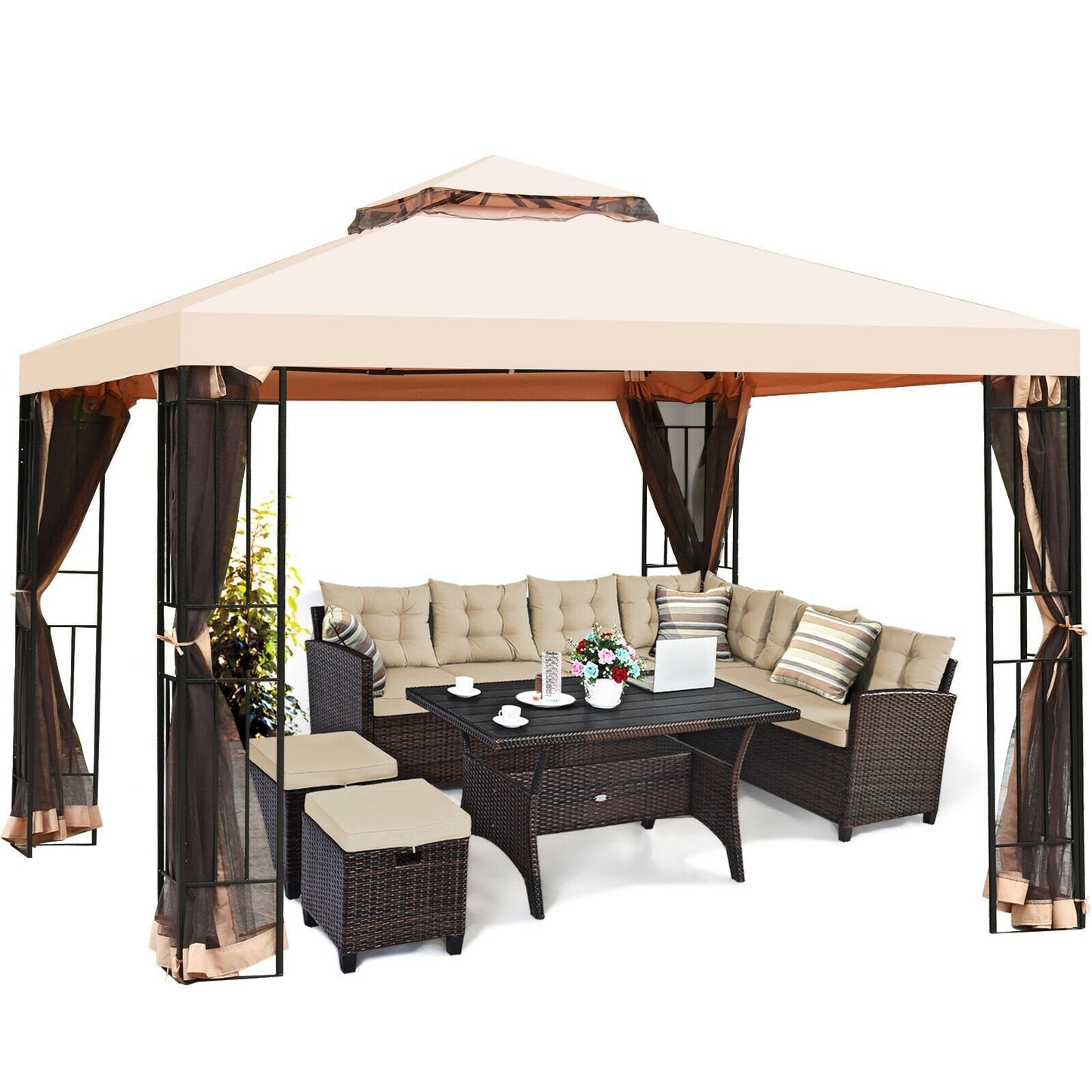 10 x 10 Feet 2-Tier Vented Metal Canopy with Mosquito Netting, Beige Gazebos   at Gallery Canada