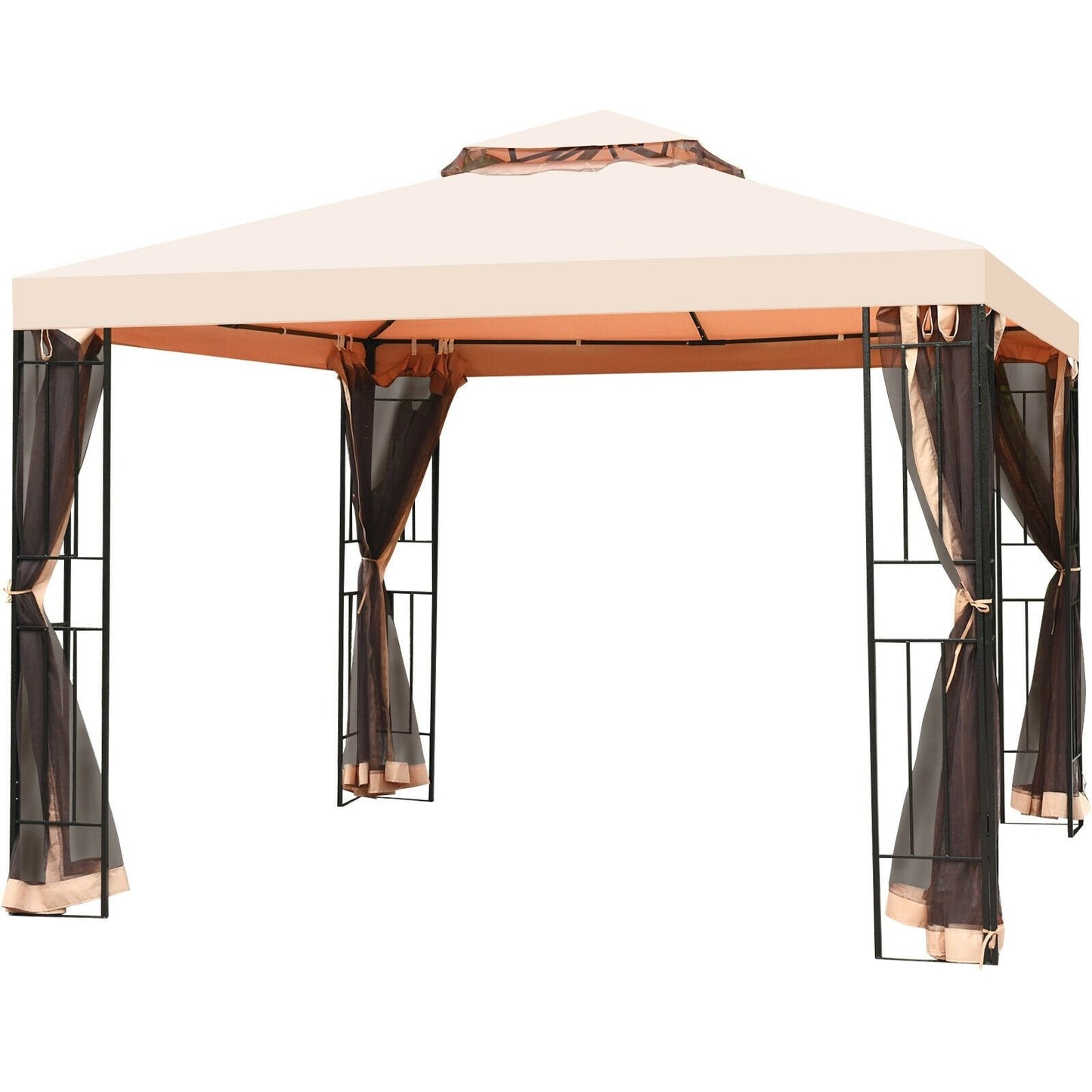 10 x 10 Feet 2-Tier Vented Metal Canopy with Mosquito Netting, Beige Gazebos   at Gallery Canada