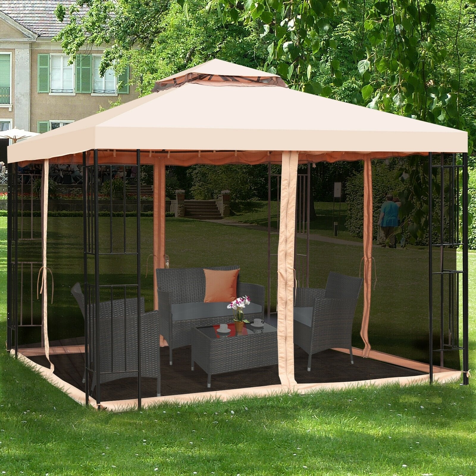 10 x 10 Feet 2-Tier Vented Metal Canopy with Mosquito Netting, Beige Gazebos   at Gallery Canada