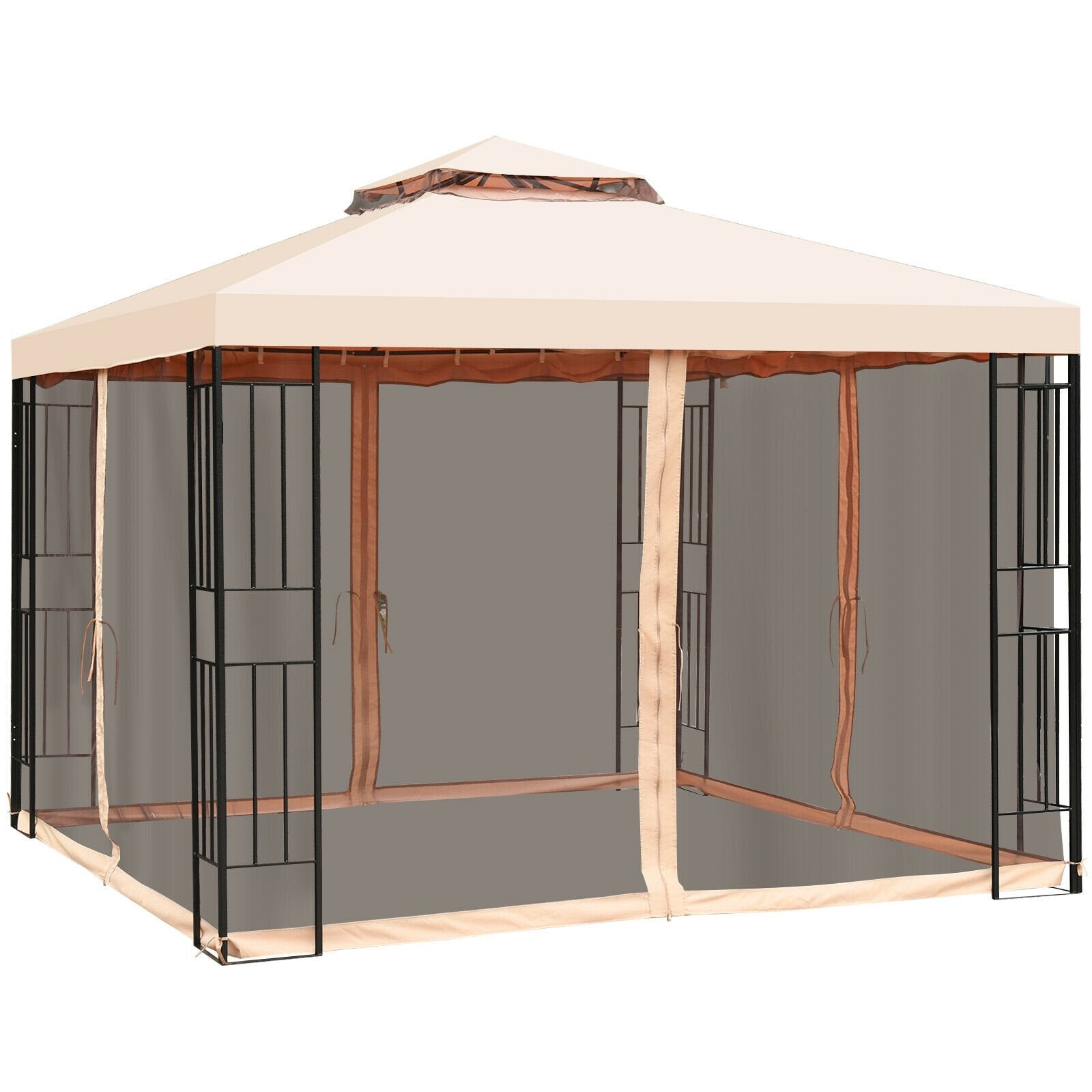 10 x 10 Feet 2-Tier Vented Metal Canopy with Mosquito Netting, Beige Gazebos   at Gallery Canada