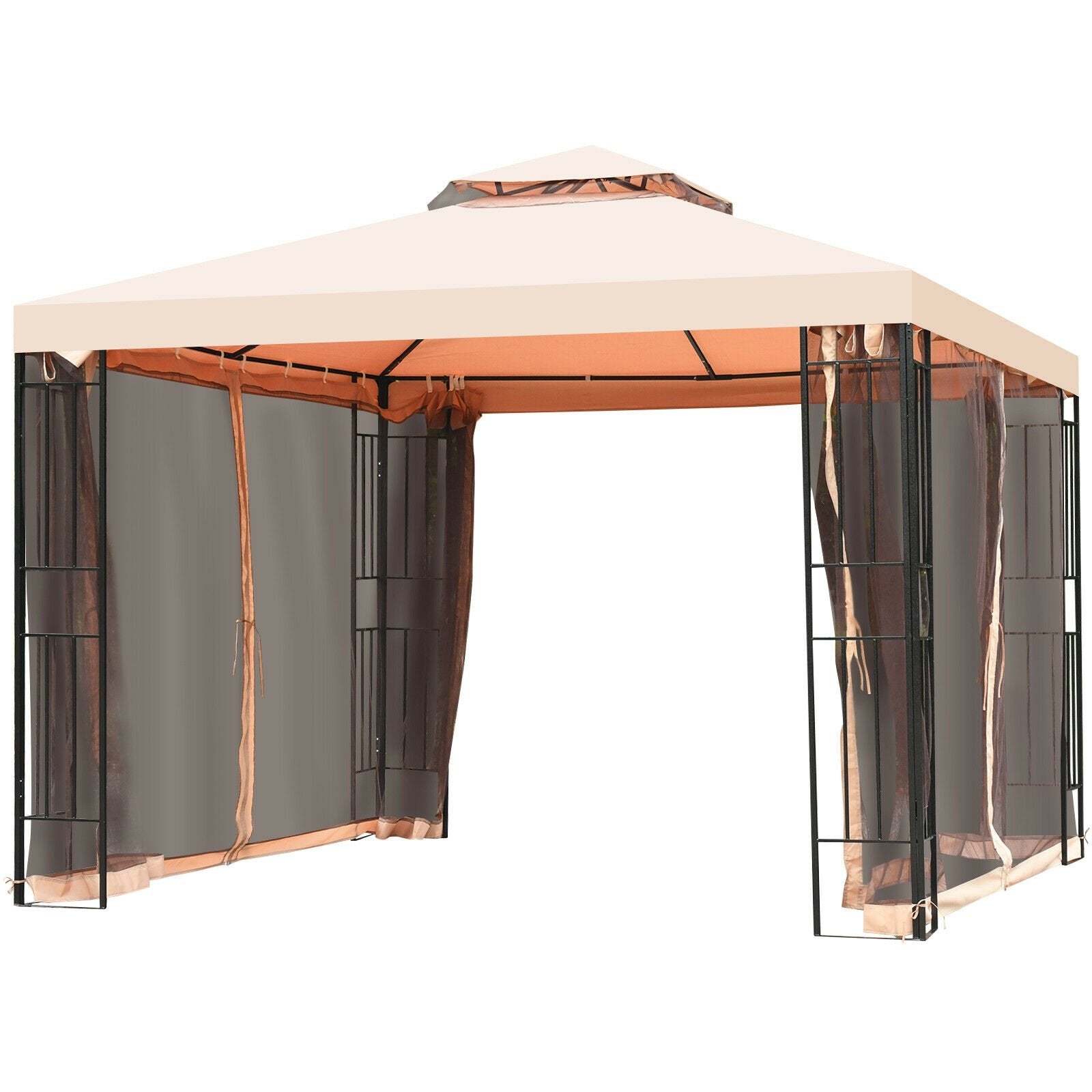 10 x 10 Feet 2-Tier Vented Metal Canopy with Mosquito Netting, Beige Gazebos   at Gallery Canada