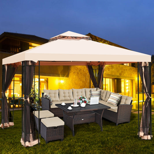 10 x 10 Feet 2-Tier Vented Metal Canopy with Mosquito Netting, Beige Gazebos   at Gallery Canada