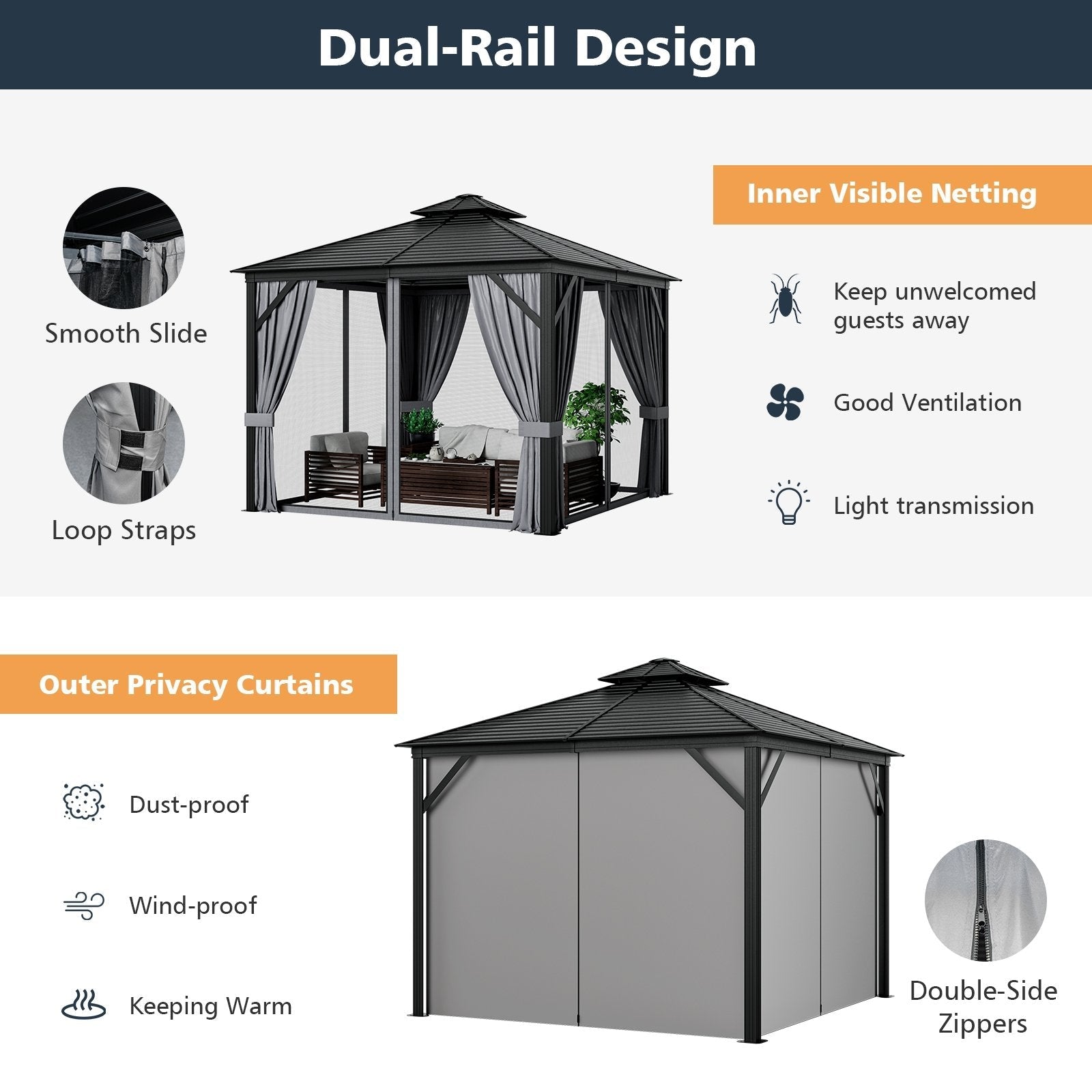 10 x 10 Feet Double-Top Hardtop Gazebo with Galvanized Steel Roof, Gray Gazebos   at Gallery Canada