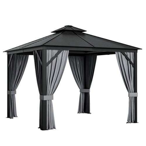 10 x 10 Feet Double-Top Hardtop Gazebo with Galvanized Steel Roof, Gray