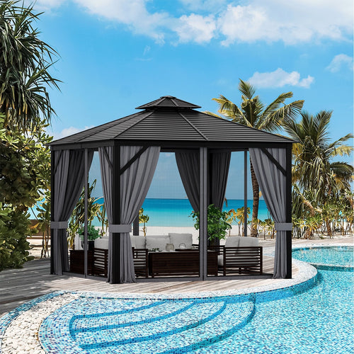 10 x 10 Feet Double-Top Hardtop Gazebo with Galvanized Steel Roof, Gray