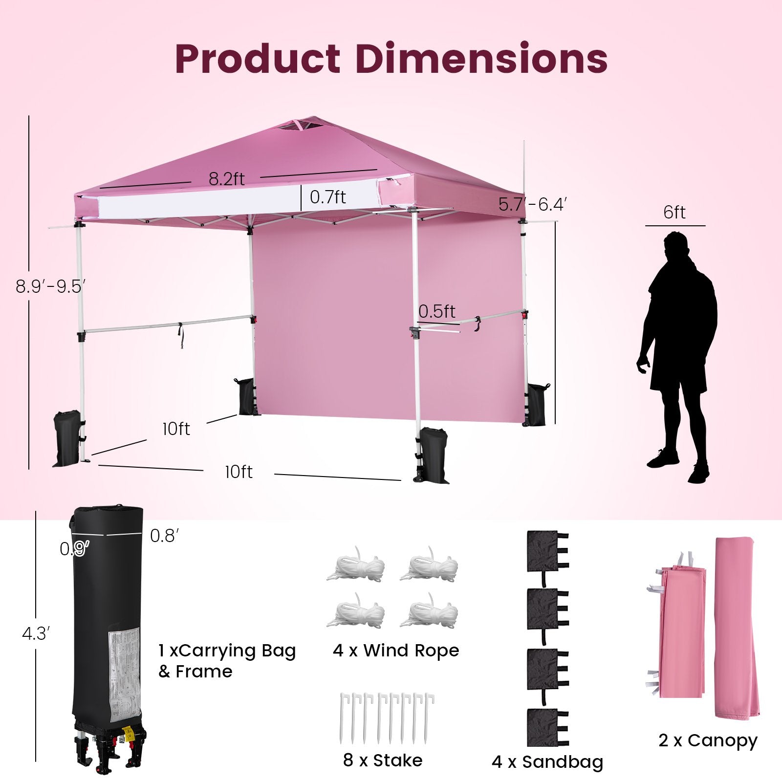 10 x 10 Feet Foldable Commercial Pop-up Canopy with Roller Bag and Banner Strip, Pink Canopies   at Gallery Canada